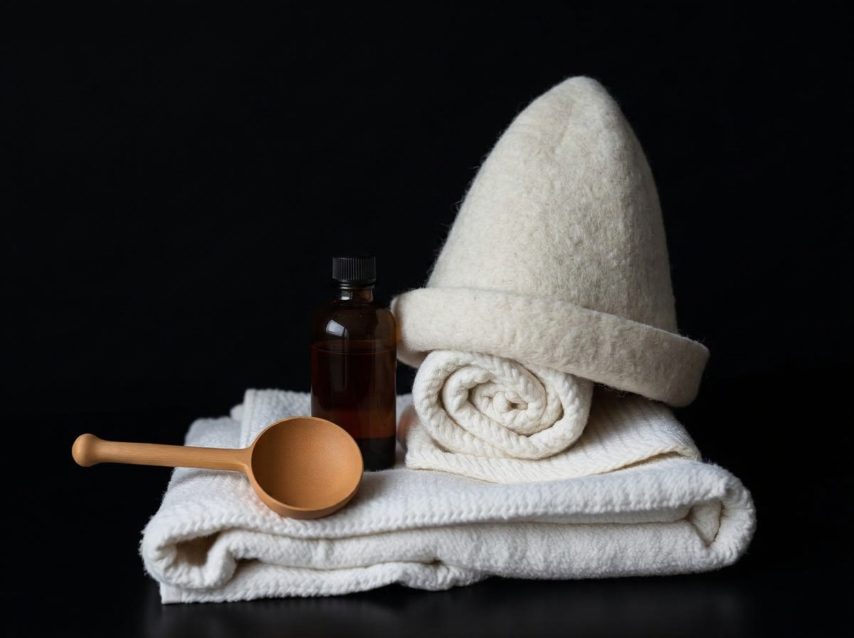 Folded towels, wool sauna hat and essential oils