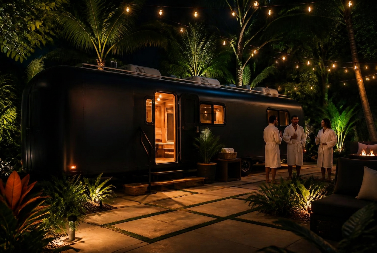 Mobile sauna glowing in a backyard at night