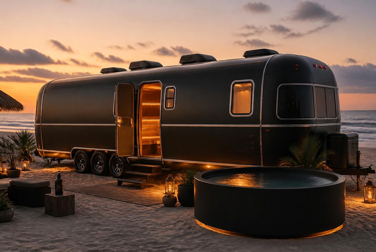 Casa Sauna trailer set up on a Florida beach at sunset