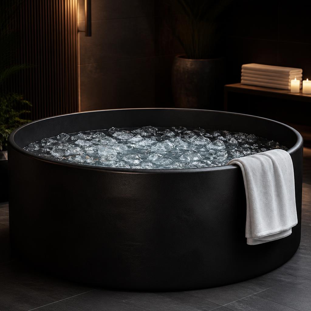 Cold plunge tub filled with ice water beside the trailer